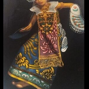 Unique Vintage Multicolor Embroidered Floral Panel Dress with Gold Accents